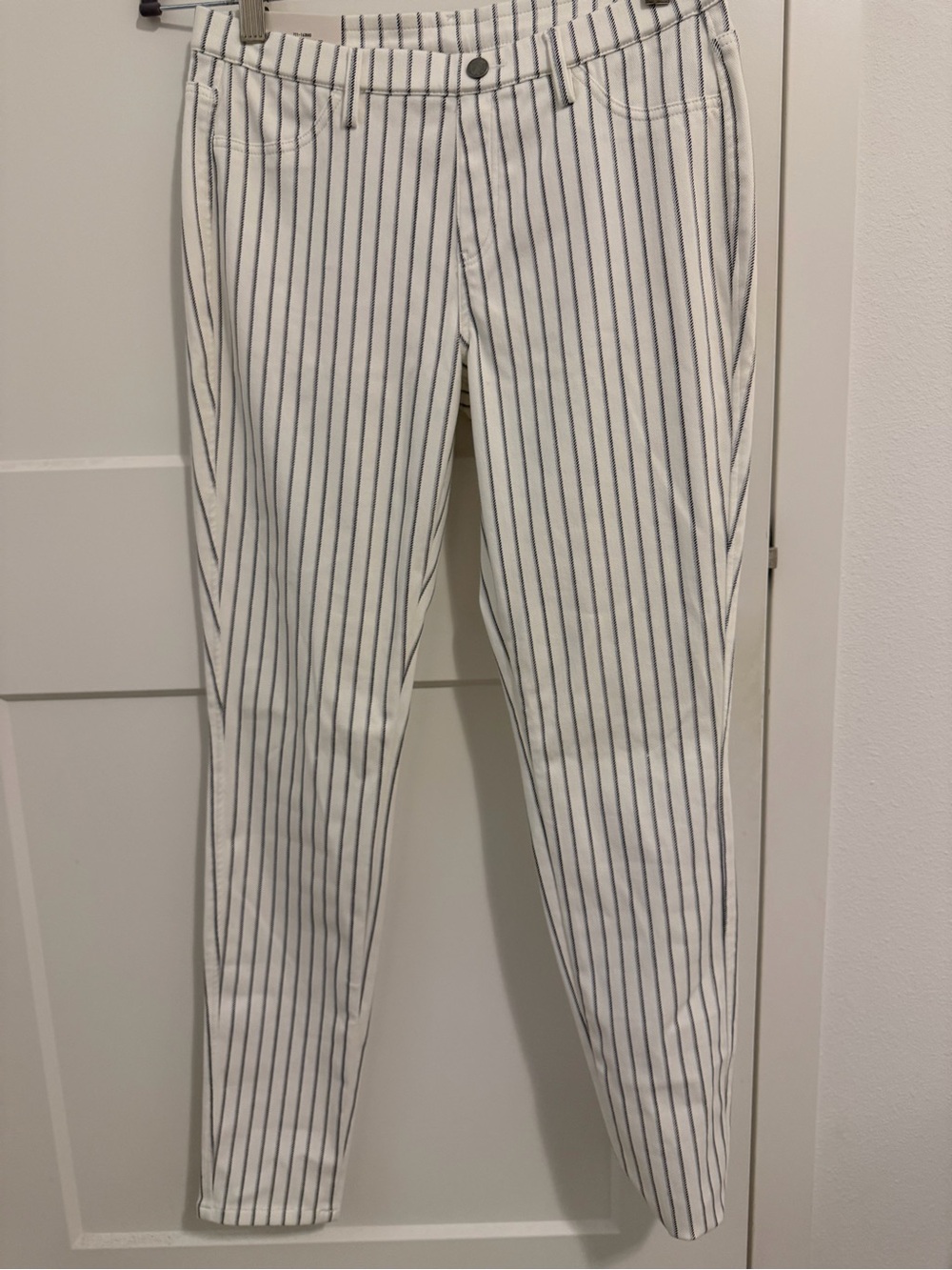 Uniqlo White Straight-Leg Pants with Black Pinstripes
